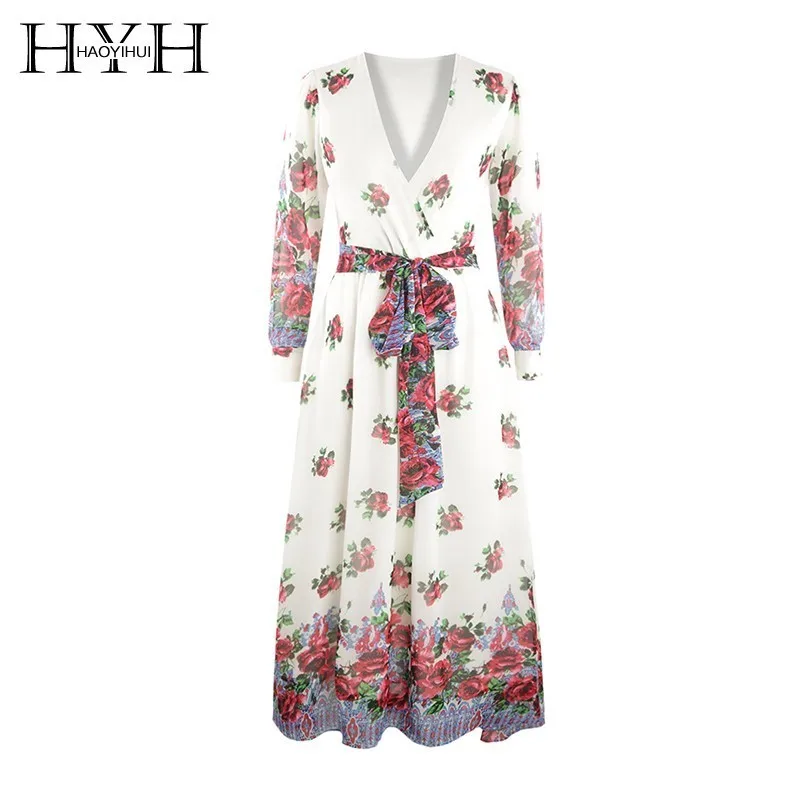 

HYH Haoyihui Femme Summer Fashion Stylish Sexy Bohemian Floral Printed Bow A-Line V-Neck Butterfly Sleeves Empire Long Dress