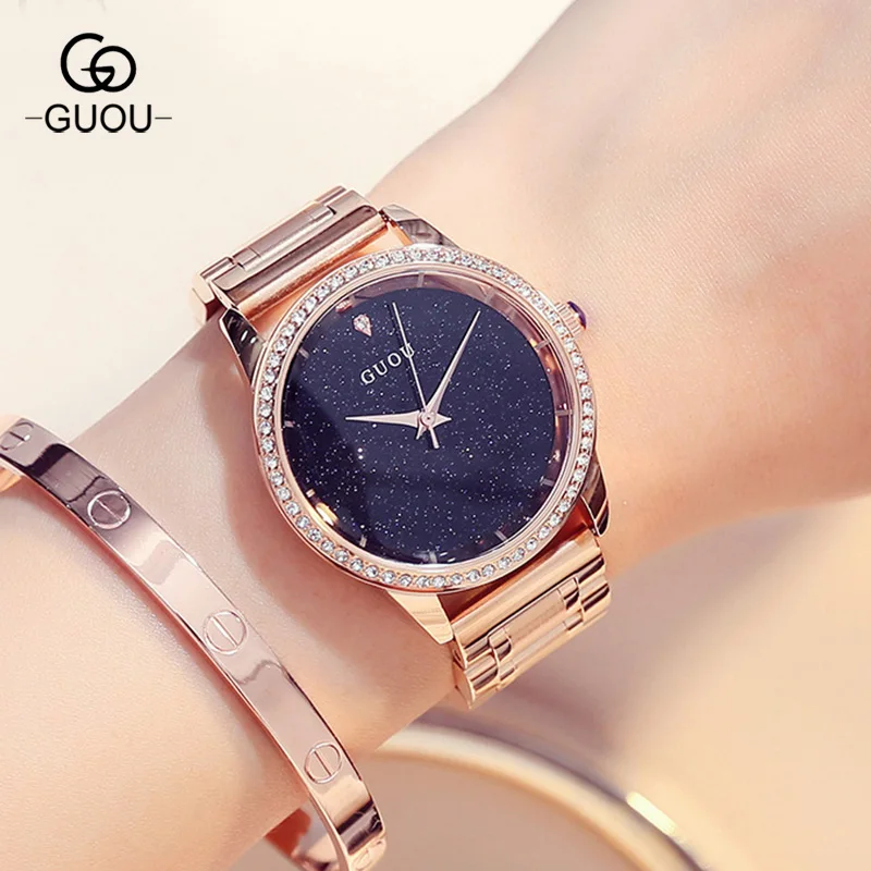 

GUOU Brand Crystal Luxury Quartz Watch Women Simple Dial Women's Dress Watch Full Stainless Steel Ladies Wristwatches 8191