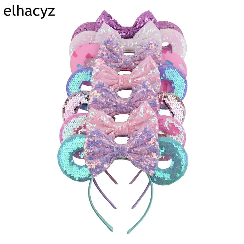 10 шт./партия 3," ободок с мышиными ушками Минни Новое поступление галстуки-бабочки с блестками пончик волос для женщин Девушка Бутик аксессуаров для волос
