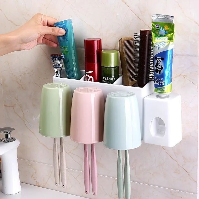 

Toothpaste Dispenser Multifunctional Wall Mount Toothbrush Holder Storage Orgainzer Box Bathroom Accessories Tooth Brush Holder