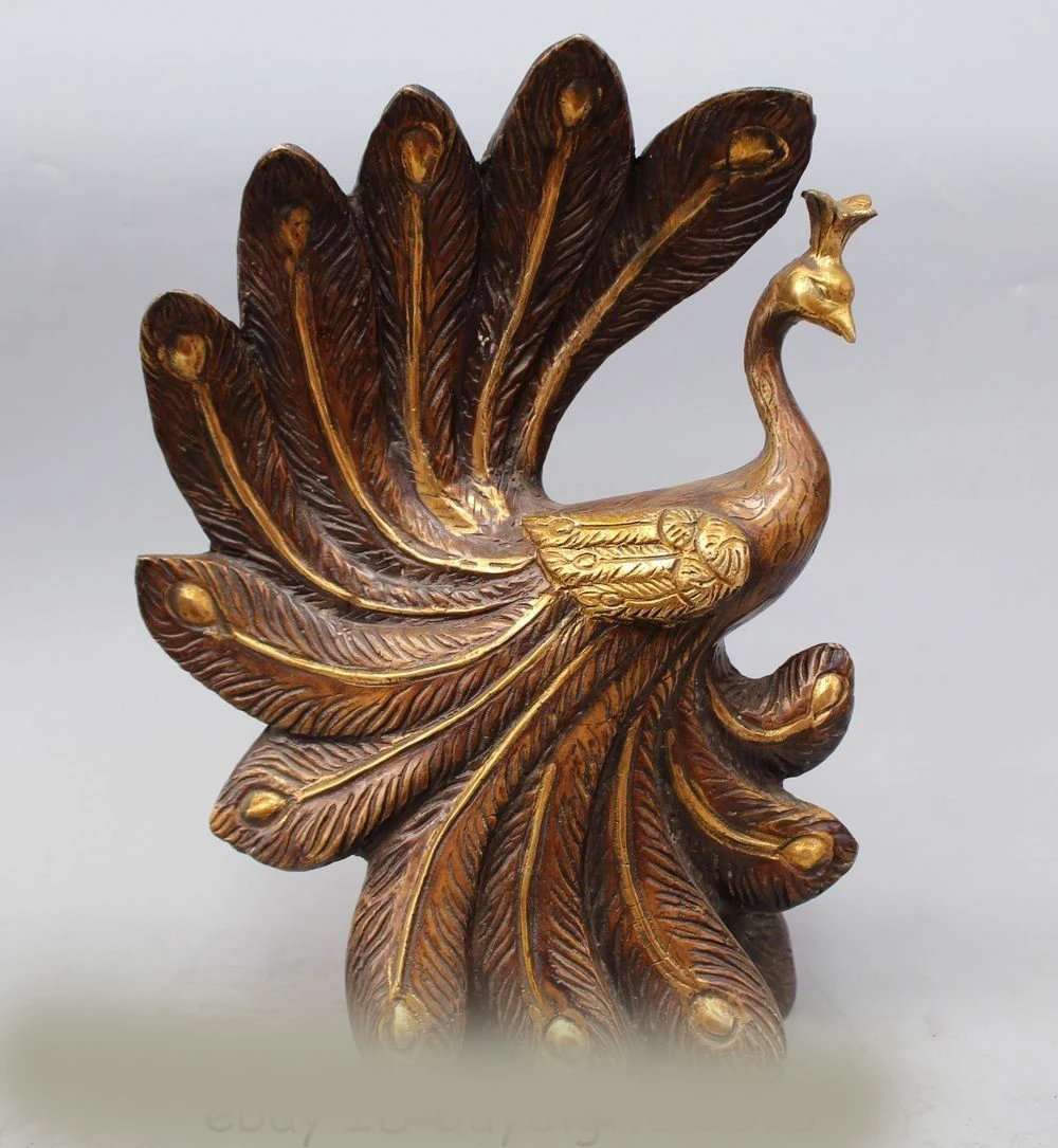 

DS 14" Chinese Chinese Folk Bronze Gild peacock peafowl Bird Animal Statue Sculptur