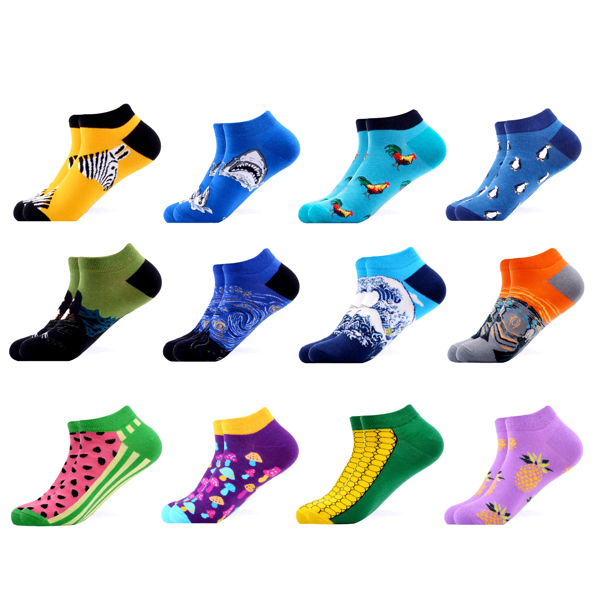 

SANZETTI 12 Pairs/Lot Men's Casual Summer Colorful Ankle Socks Happy Combed Cotton Short Socks Novelty Harajuku Dress Boat Socks