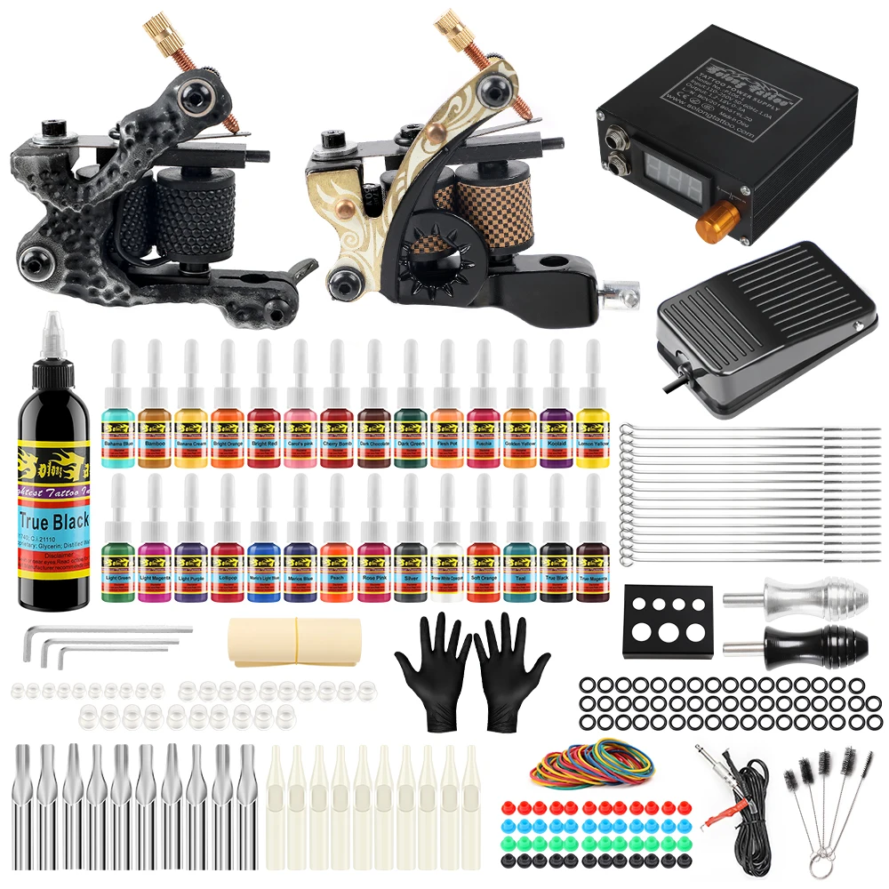 

Hybrid Complete Coils Tattoo Kit Professional For Liner and Shader Power Supply Foot Pedal Ink Set Tattoo Body&Art TK222