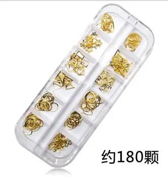 

1 Box 180pcs Gold Hollow Nail Art 3D Decorations Metal Nail Rivets Cross Star Triangle Square Studs DIY Nail Decoration
