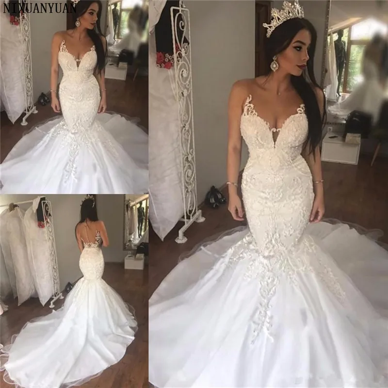

Charming Illusion Neck Mermaid Wedding Dresses Button Tulle Satin Court Train African Modest Bridal Wedding Gowns Robe De Mariee