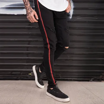 

HOT 2020 Fashion Casual High street hip hop Slim men's jeans foot ankle striped Ripped hole dance nightclub men's trousers
