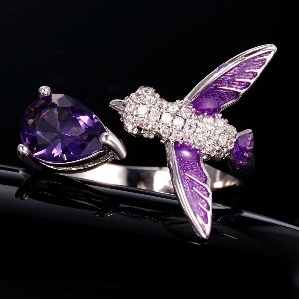 Дизайн с птицами, Фиолетовый аметист, регулируемые Открытые Кольца для женщин, высокое качество, мода 925, серебряные ювелирные изделия, богемное свадебное кольцо