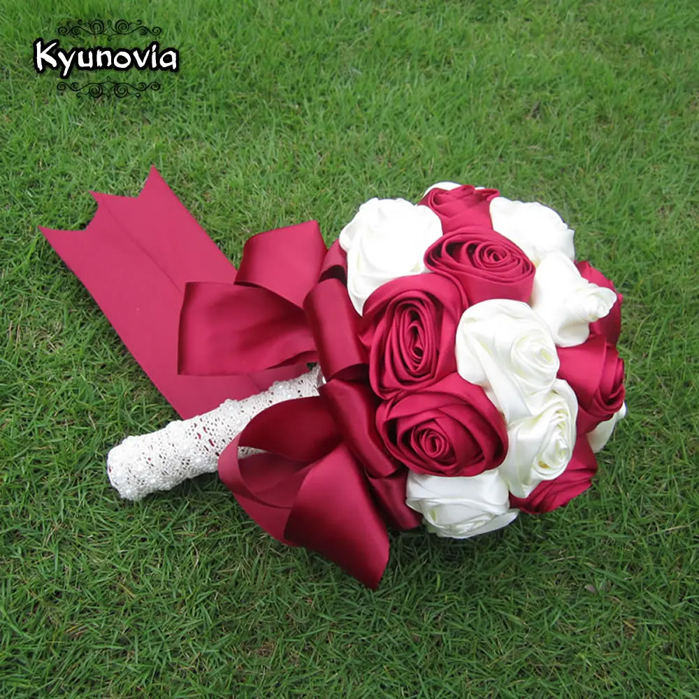 Kyunovia Custom Burgundy White Silk Rose Wedding Flowers 