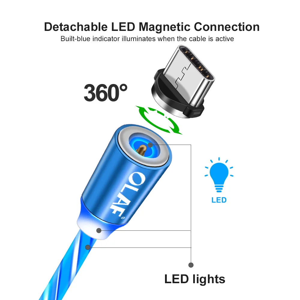 OLAF светодиодный светильник Магнитный USB кабель Быстрая зарядка Micro usb type C кабель зарядное устройство для Iphone 7 8 X XR XS Max для Redmi Note 7 шнур