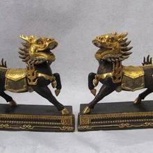 Xd 003283 Китайский Бронза Медь 24 К Золото Гардиан Зло Foo Собака зверь kylin Кирин Пара