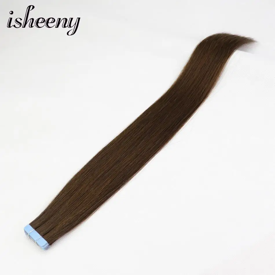 

Isheeny 12" 14" 16" 18" 22" Tape In Natural Human Hair Extensions 4# Middle Brown European Skin Weft Remy Hair Extension