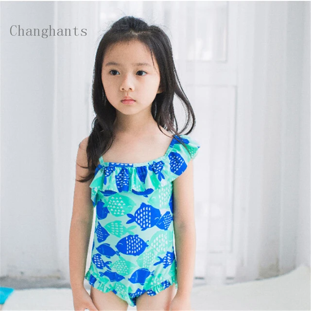 Children Swimwear with Frills Shoulder Strap Baby Girls One piece Swimsuit Kids Bathing Swimming