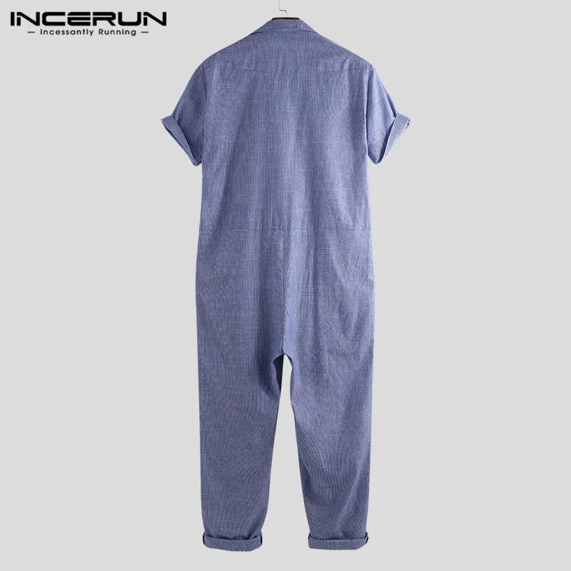 INCERUN/ мужской Одноцветный тонкий свободный Джинсовый комплект с отворотами, Модный повседневный в стиле ретро, хип-хоп, рабочие, Мужская рабочая одежда, джоггеры
