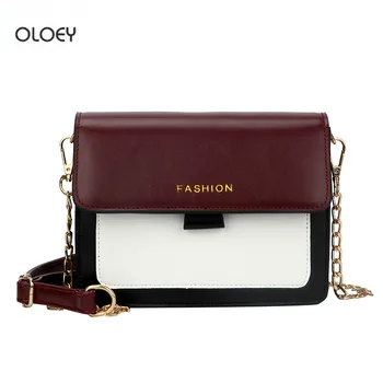 

OLOEY New fashion women's contrast color small square bag chain shoulder messenger bag Simple wild PU leather handbag