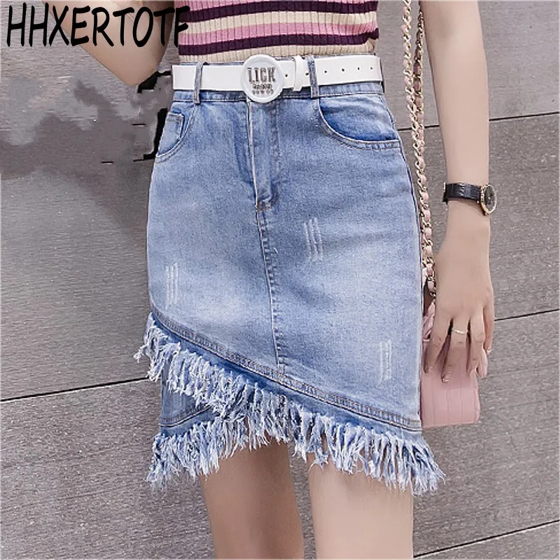 

2019 Spring Summer Woman High Waist Asymmetrical Hem Tassel Fringed Denim Skirts Solid Blue Girl Student Mini Irregular Skirts