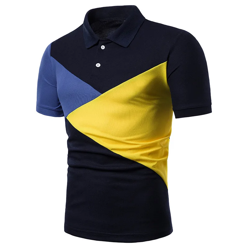 Футболка-поло Для мужчин брендовая одежда Slim Fit отложной воротник Мужское поло рубашка Кнопка Лоскутная короткий рукав Для мужчин рубашки поло - Цвет: Navy