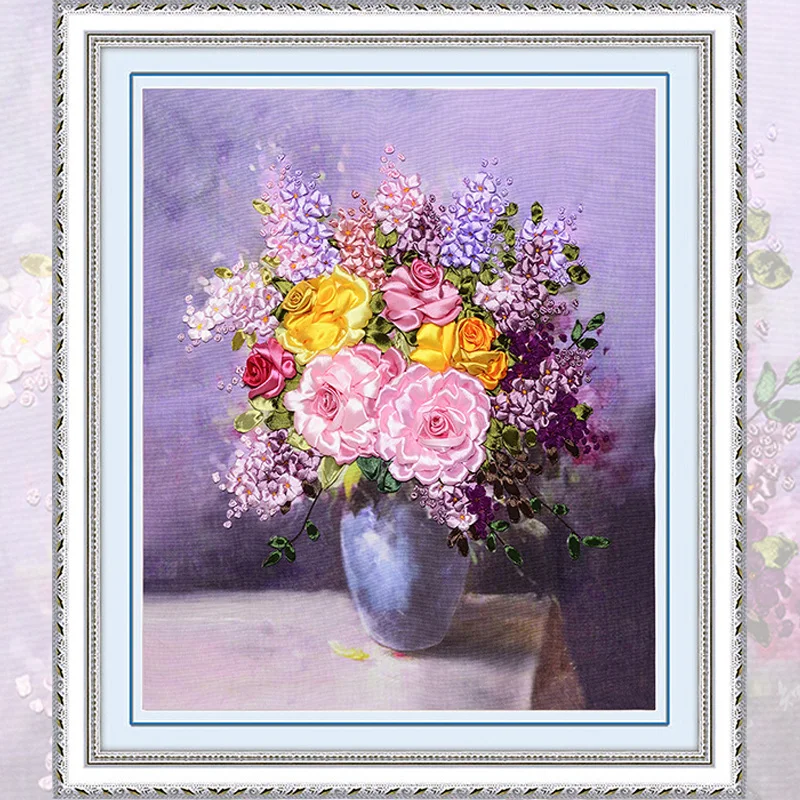 Diy Ribbons Embroidery Flowers Vase Picture Decorative Paintings