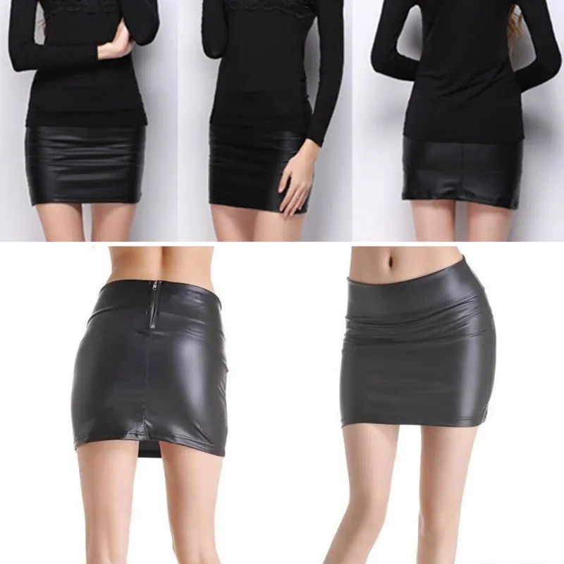 WEIXINBUY горячие сексуальные черные эластичные кожаные колготки на молнии мини-юбка Размер S M L XL XXL XXXL
