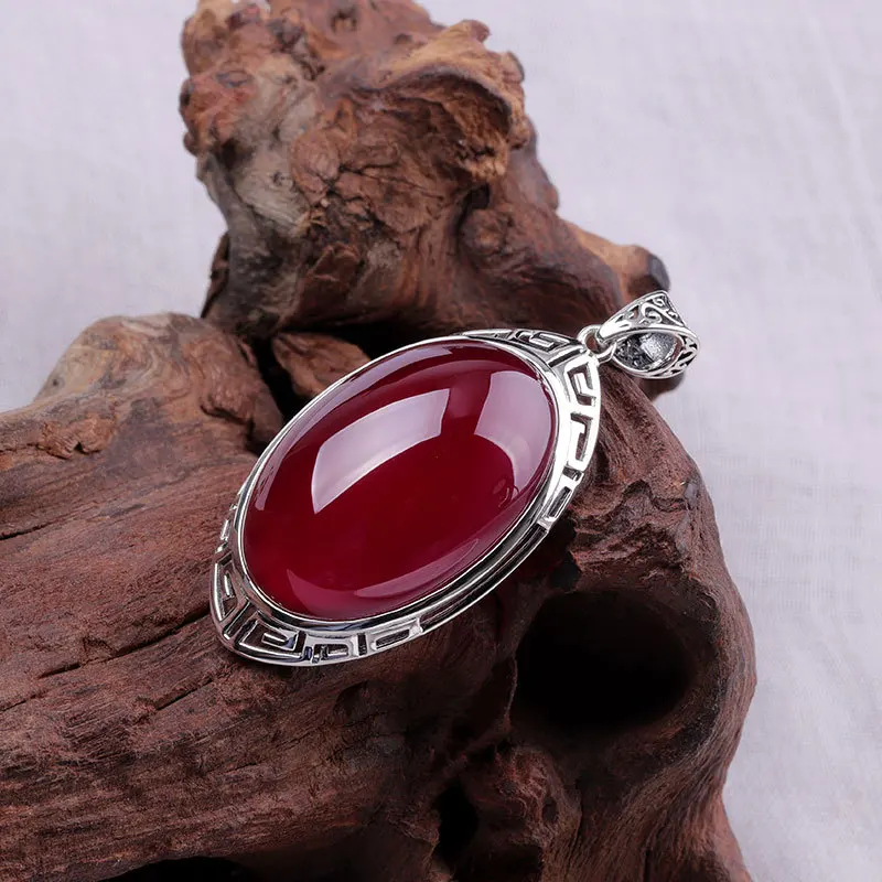 Pendant Necklace Silver Necklace Silver Pendant Necklace Pendant Real 925 Sterling Silver Big Gemstone Fine Jewelry Oval Red Ruby Pendant Vintage Hollow Pattern Women RP01