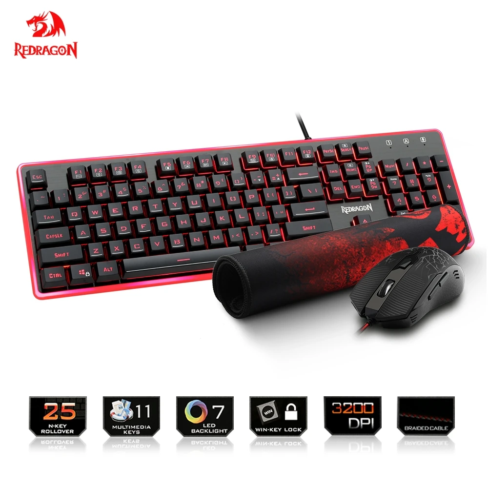 Redragon USB Gaming Membrane RGB Keyboard mouse pad combos 104 keys