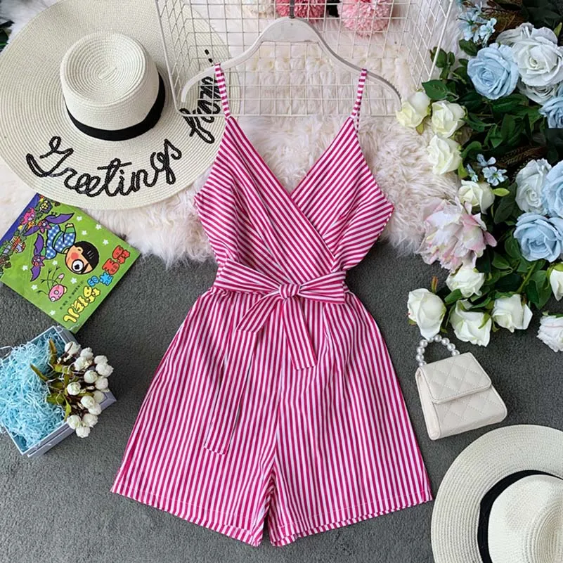 

NiceMix 2019 Summer V Neck Striped Rompers Sexy Vacation Beach Spaghetti Strap Playsuits Vintage Black Blue Beige Sashes Women