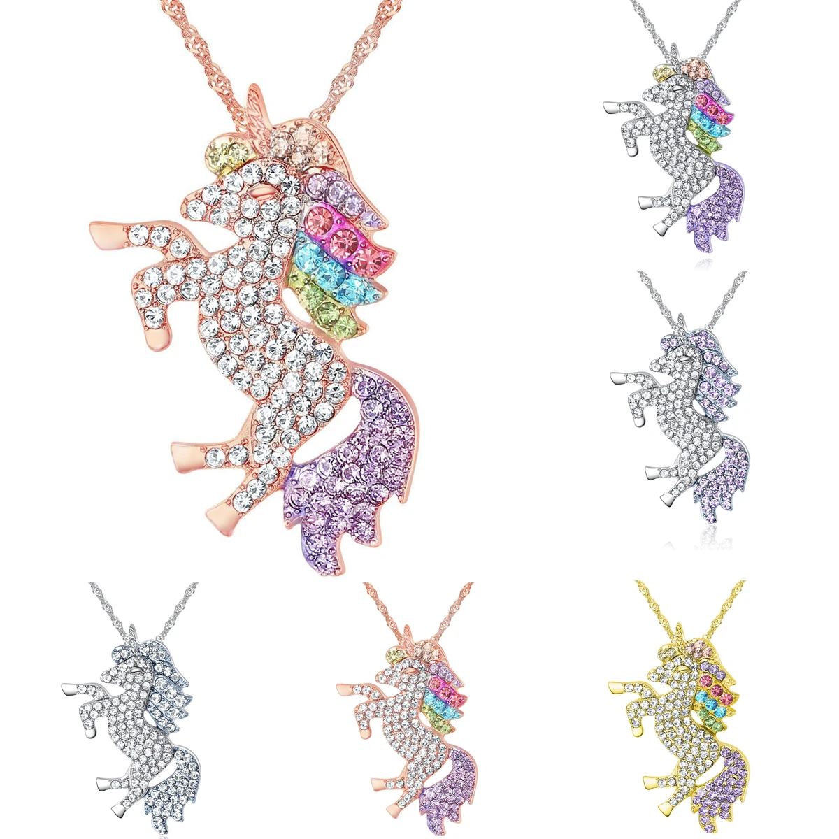 

Fashion&Cute Colorful Animal Unicorn with Rhinestone Necklace for Women Fashion Unicorn Pendant Gold Chains Female Gifts Jewelry