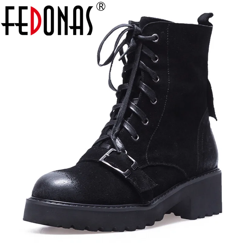 

FEDONAS High Quality Women High Heels Autumn Winter Shoes Woman Lace Up Buckles Cow Suede Short Motorcycle Boots Female Shoes