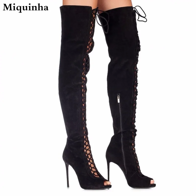 Spring Hot Sale Women Fashion Open Toe Black Suede Leather Over Knee Gladiator Boots Lace-up Cut-out High Heel Long Boots
