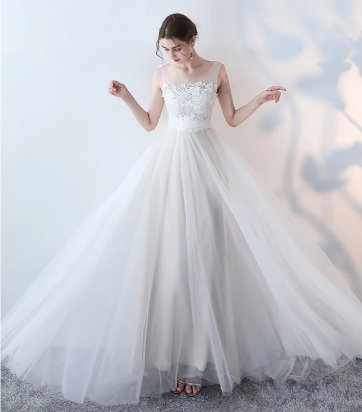 

A Line Long White Lace Applique Elegant Formal High Waist Sleeveless Backless Dress Elegant Maxi Long Dress Vestidos