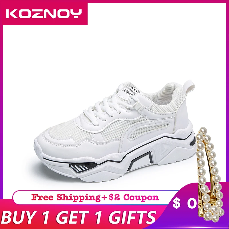 

Koznoy Sneakers Women Spring Autumn Fashion Dropshipping Thick Bottom Breathable Elevated Flat Bottom Leisure Lace Women Shoes