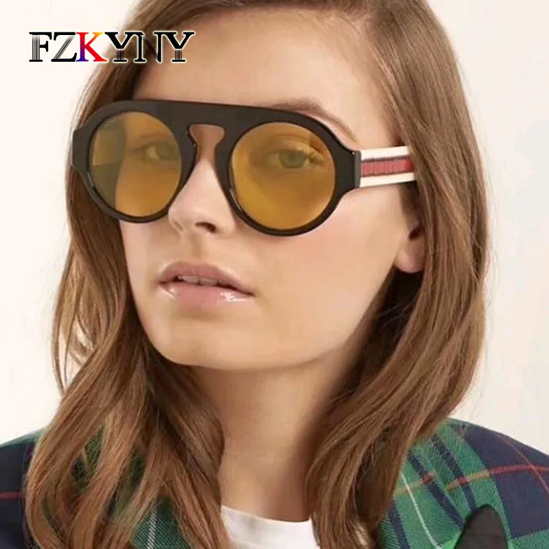 

FZKYNY Classic Round Sunglasses Women Men Italy Brand Designer Sunglasses Thick Leg Hot Modern Eyewear Black&Yellow Oculos UV400