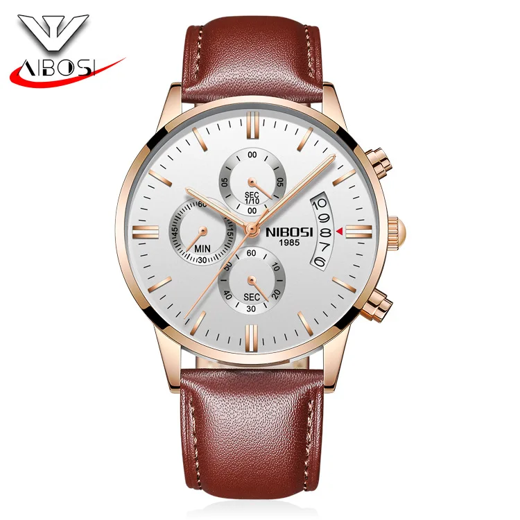 NIBOSI мужские s часы Лидирующий бренд роскошные золотые часы Мужские кварцевые часы полный стальной ремешок Дата Военные часы наручные часы Relogio Masculino - Цвет: Brown leather