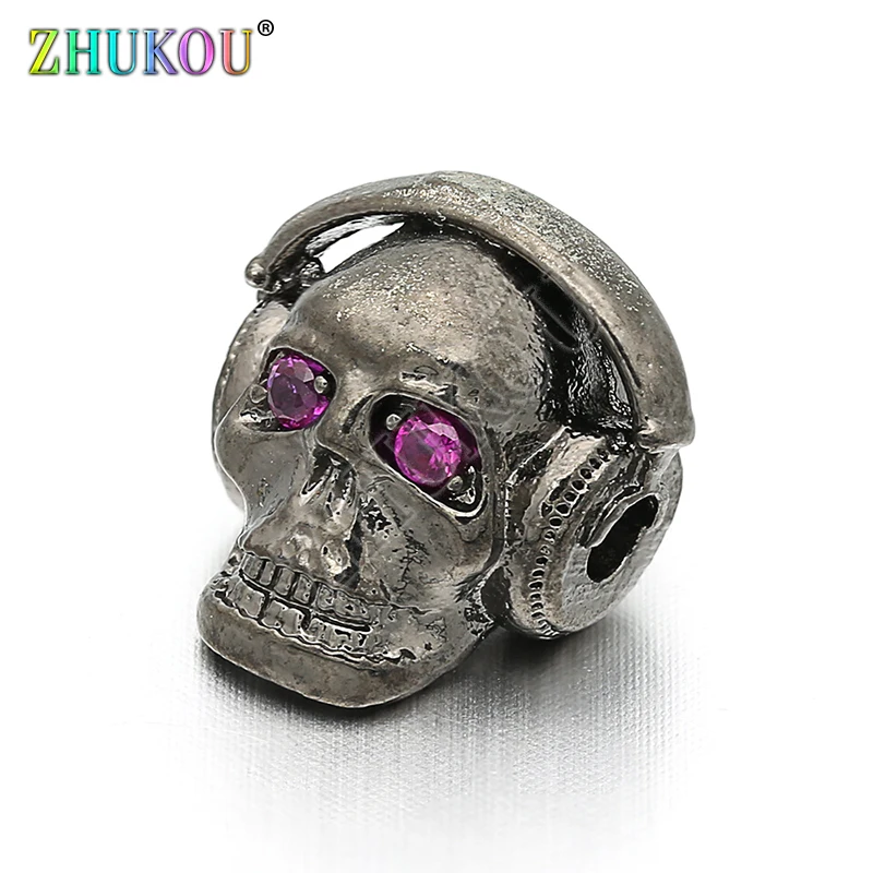 

12*14mm Brass Cubic Zirconia Skull Beads Volume Tone Control Knobs Men Bracelet Charms, Mixed Color, Model: VZ117