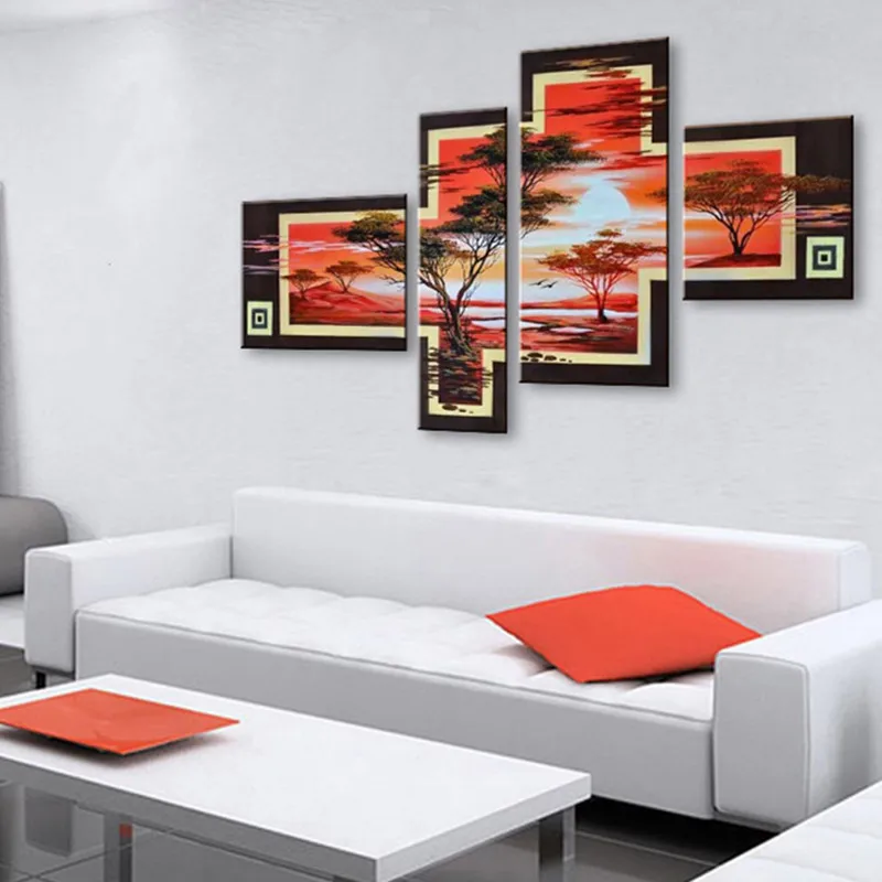 

Handpainted Abstract Landscape Red Oil Paintings Home Decor Wall Art 4 Panel Pine Tree Pictures Modern Pinaster Canvas Painting