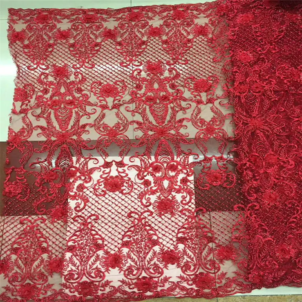 

2018 Latest Fashion African Lace Fabric Of Beaded And 3D Big Flowers African French Lace Fabric High Quality Wedding F480-2