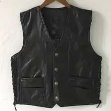 BONJEAN Брендовые мужские боковые шнурки Регулируемый черный кожаный мотоциклетный жилет MC байкерские жилеты из мягкой овчины США S-4XL