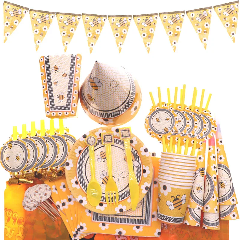 

Cute Yellow Bee Tableware Sets Birthday Party Decoration Kids Children Party Disposable Napkin Paper Plate Cup Party Supplies