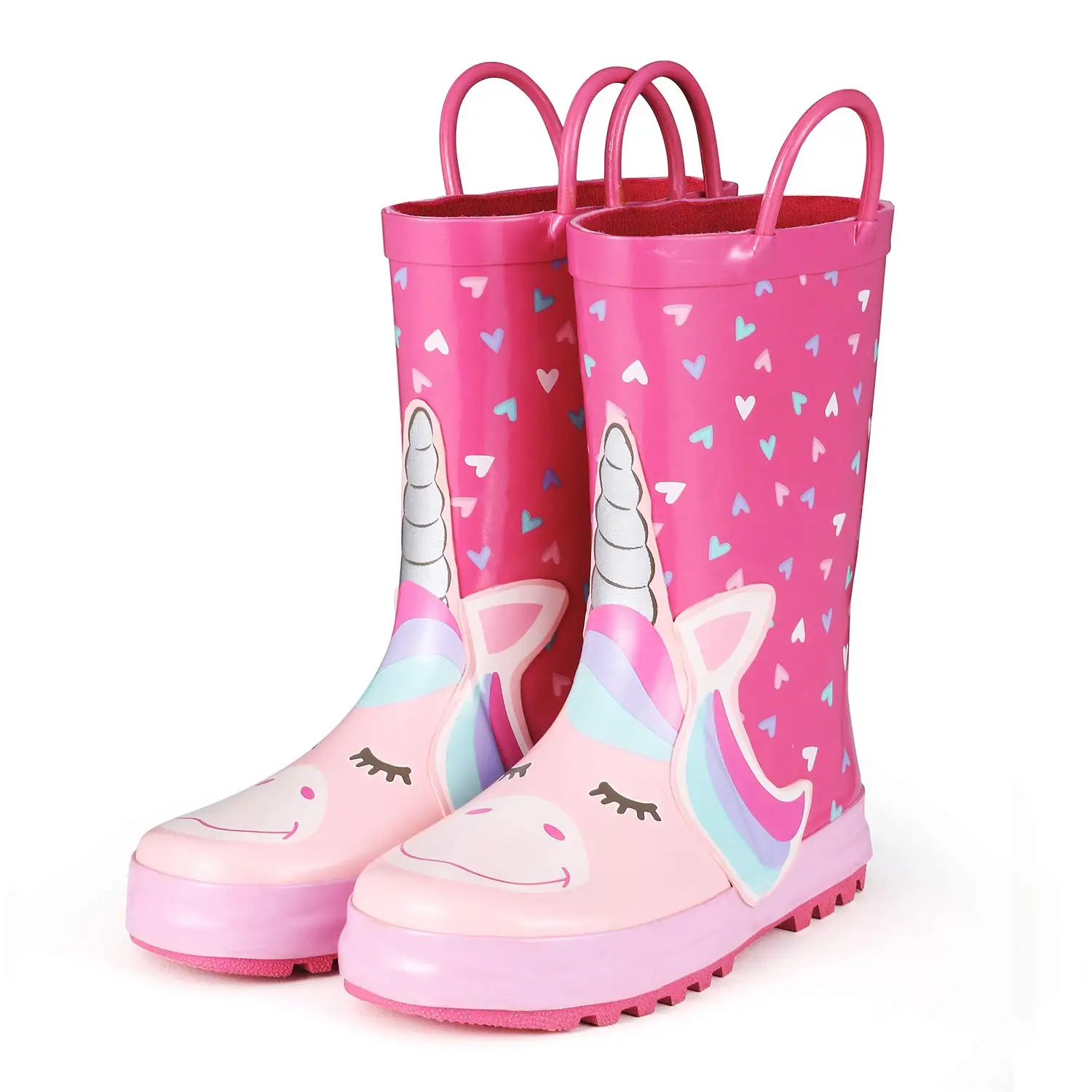 KomForme Kids Rain Boots Girl Pink Heart Unicorn Rubber Boots Waterproof Overshoes Water Shoes Rubber Shoes Kids Boots Girls