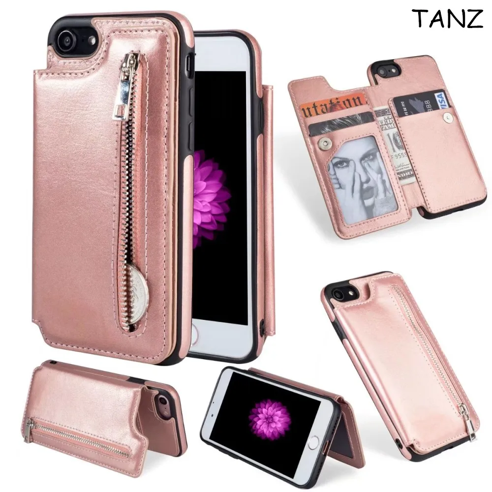

TANZ Retro PU Flip Leather Case For iPhone X 6 6s 7 8 Plus Multi Card Holders Case Cover For iPhone 8 Zipper Wallet Phone Shells