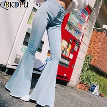 Модные джинсы с высокой талией размера плюс, женские джинсы с расклешенным низом, женские обтягивающие джинсы, Ретро стиль, женские широкие брюки