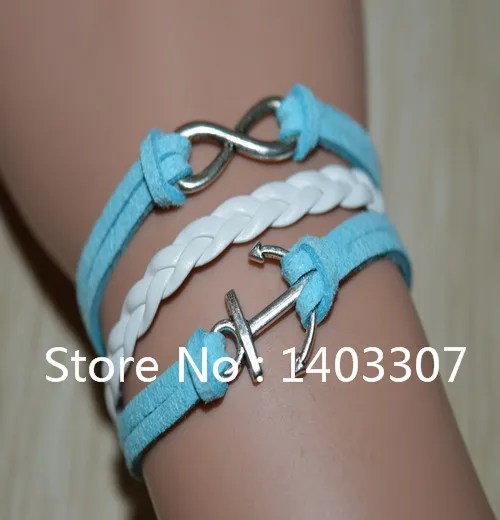 1Pcs Promotion 2014 New Antique Silver Anchor Infinity Charm Bracelet Women Vintage White Leather Suede Braid Bracelets Bangles | Украшения