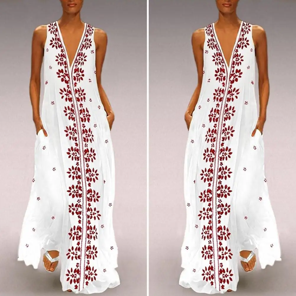 New Women Sexy Floral Print Deep V Neck Sleeveless Pockets Maxi Summer Beach Dress