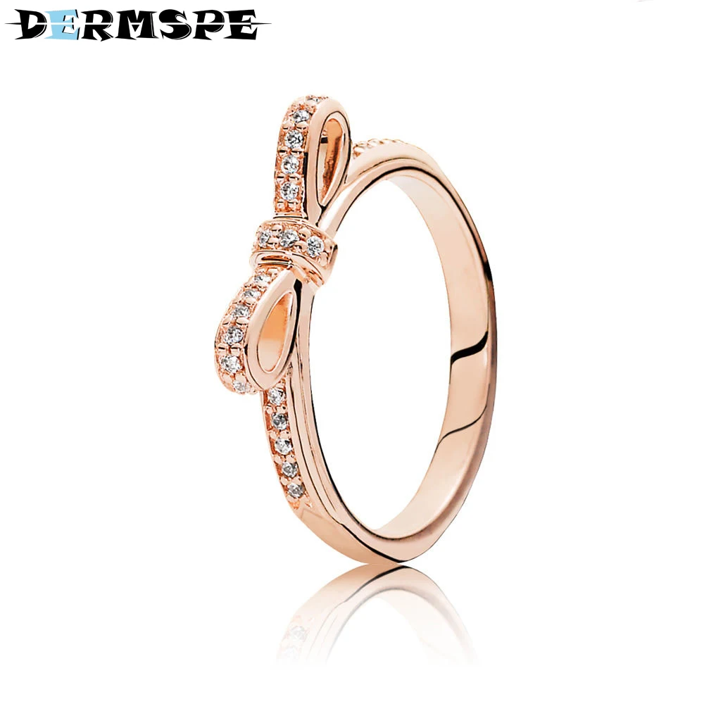 DERMSPE 100% 925 пробы серебряные ювелирные изделия 180906CZ Роза сверкающий бант кольцо оригинальный для женщин Свадебные модные украшения из