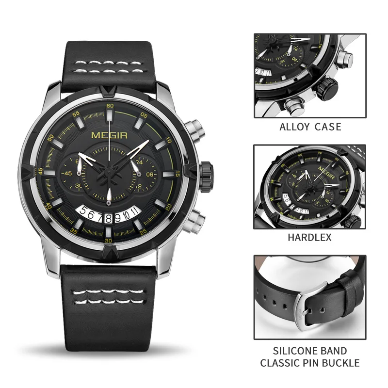 Ceny MEGIR Sport mężczyźni kwarcowy zegarek wielofunkcyjny chronograf moda zegarki zegar mężczyźni Relogio Masculino ze skórzanym paskiem 2047