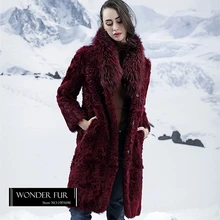 Winter Warm Double Face Fur Jacket Reversible Sheep Fur Coat For Women Bordeaux Lamb Fur Overcoat With Huge Raccoon Fur Collar