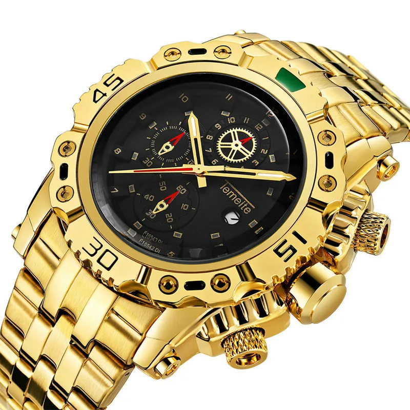 

Creative Golden Men Quartz Wristwatches 3D Dial Design Full Steel Calendar Waterproof Big Watches Top Brand Luxury Clock