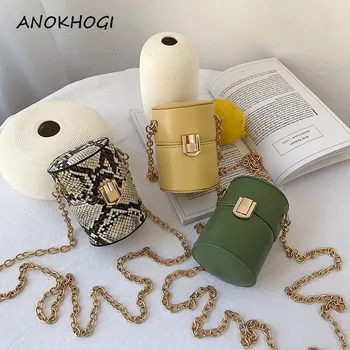 

Cylinder Bucket Style Snakeskin Print Women Shoulder Bags Korean Style Fashion Hasp Mini Crossbody Bag Small Phone Bags B406