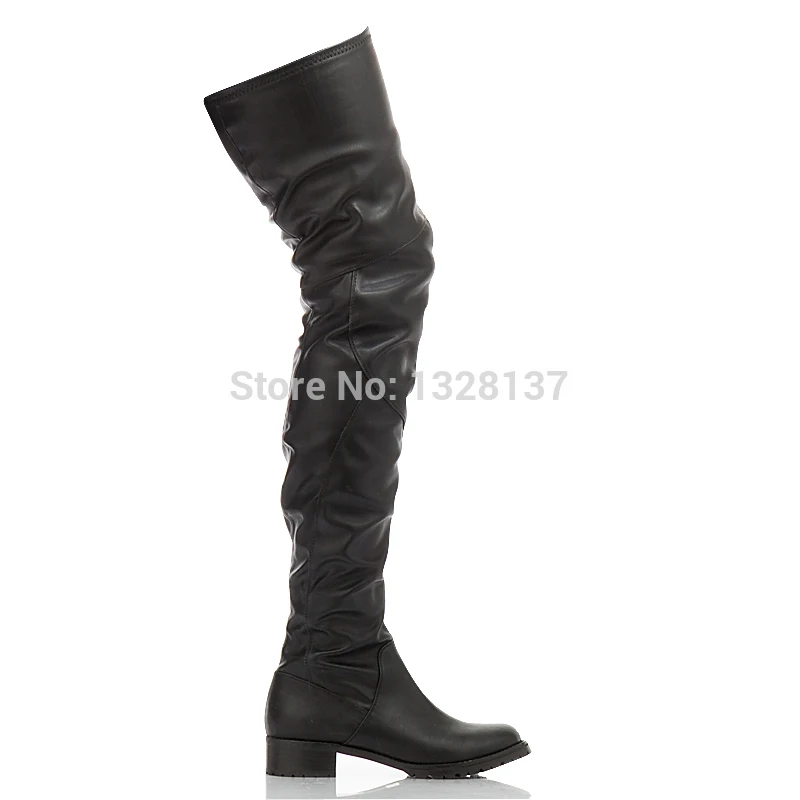 Black Zipper Flat Rubber Over The Knee High Motorcycle Leather Boots Shoes Woman sapatos femininos botas femininas  botas mujer