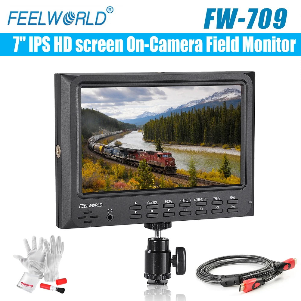 

Feelworld FW-709 7" IPS HD screen On-Camera Field Monitor with HDMI input&output Support GH4,A7RII, A7SII,A7S,5D, 7D,D800 Camera