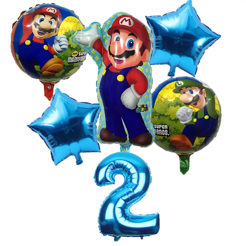 6pcs Super Mario Balloons 32 inch Number Balloons Boy Girl Birthday Party Mario Luigi Bros Mylar Blue Red Balloon Set Decor - Цвет: blue 2